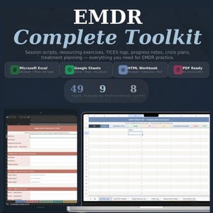 Puede incluir: Un kit de herramientas completo para la práctica de EMDR, con guiones de sesión, ejercicios y registros. Incluye opciones de Microsoft Excel y Google Sheets, además de un libro de trabajo HTML y formato PDF. El kit de herramientas tiene 49 páginas de ejercicios de recursos y 8 guiones.