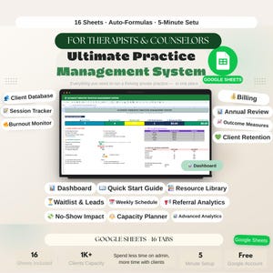 Peut inclure: Publicité pour un système de gestion de cabinet pour thérapeutes et conseillers. L'image présente un écran d'ordinateur portable affichant une feuille de calcul, avec des icônes pour les fonctionnalités telles que la base de données clients, la facturation et le suivi des séances. Le texte comprend "Ultimate Practice Management System" et "Google Sheets."