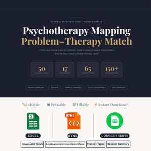 Puede incluir: Un producto digital titulado "Psychotherapy Mapping Problem-Therapy Match" con el texto "Clinical Reference Tool - Google Sheets". El gráfico incluye iconos para Excel, HTML y Google Sheets, con etiquetas como "Issues And Goals" y "Therapy Types".