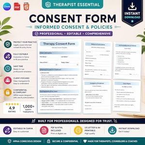 May include: A digital download for therapists, counselors, and coaches. The image shows a consent form template with sections for client information, informed consent, and policies. The form is editable in Canva, printable in US Letter and A4 sizes, and includes PDF and HTML formats.