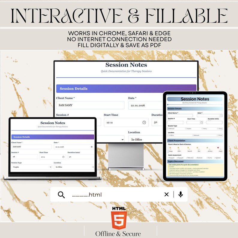 May include: An interactive and fillable digital session notes template, viewable on a laptop, desktop, and tablet. The template includes fields for client name, date, start time, duration, and location. The text "INTERACTIVE & FILLABLE" is at the top.