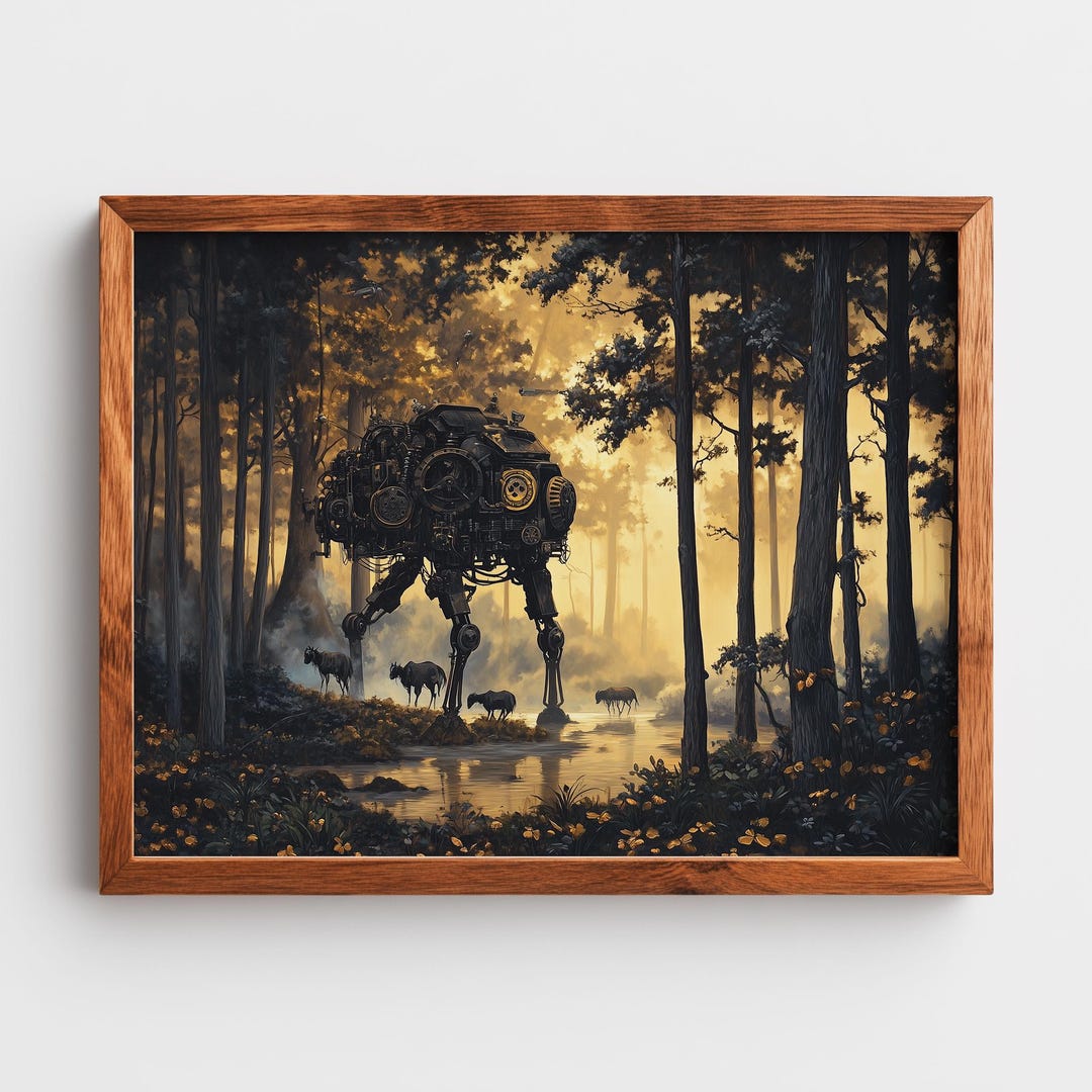 Steampunk Mech in Enchanted Forest Print – Retro-futuristic AI Art ...
