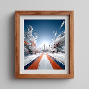 May include: A framed wall art piece featuring an abstract digital composition with two prominent orange parallel lines leading toward a bright central light, surrounded by fragmented white, blue, and orange geometric shapes in a wooden frame.