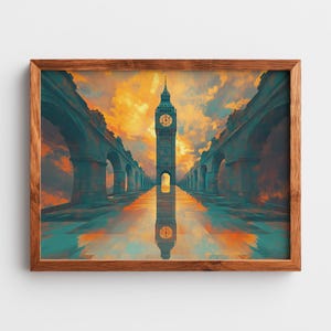 May include: A framed print featuring a digital painting of the Elizabeth Tower, also known as Big Ben, in London. The artwork depicts the tower reflected in a body of water, flanked by arched structures, under a vibrant orange and blue sky.