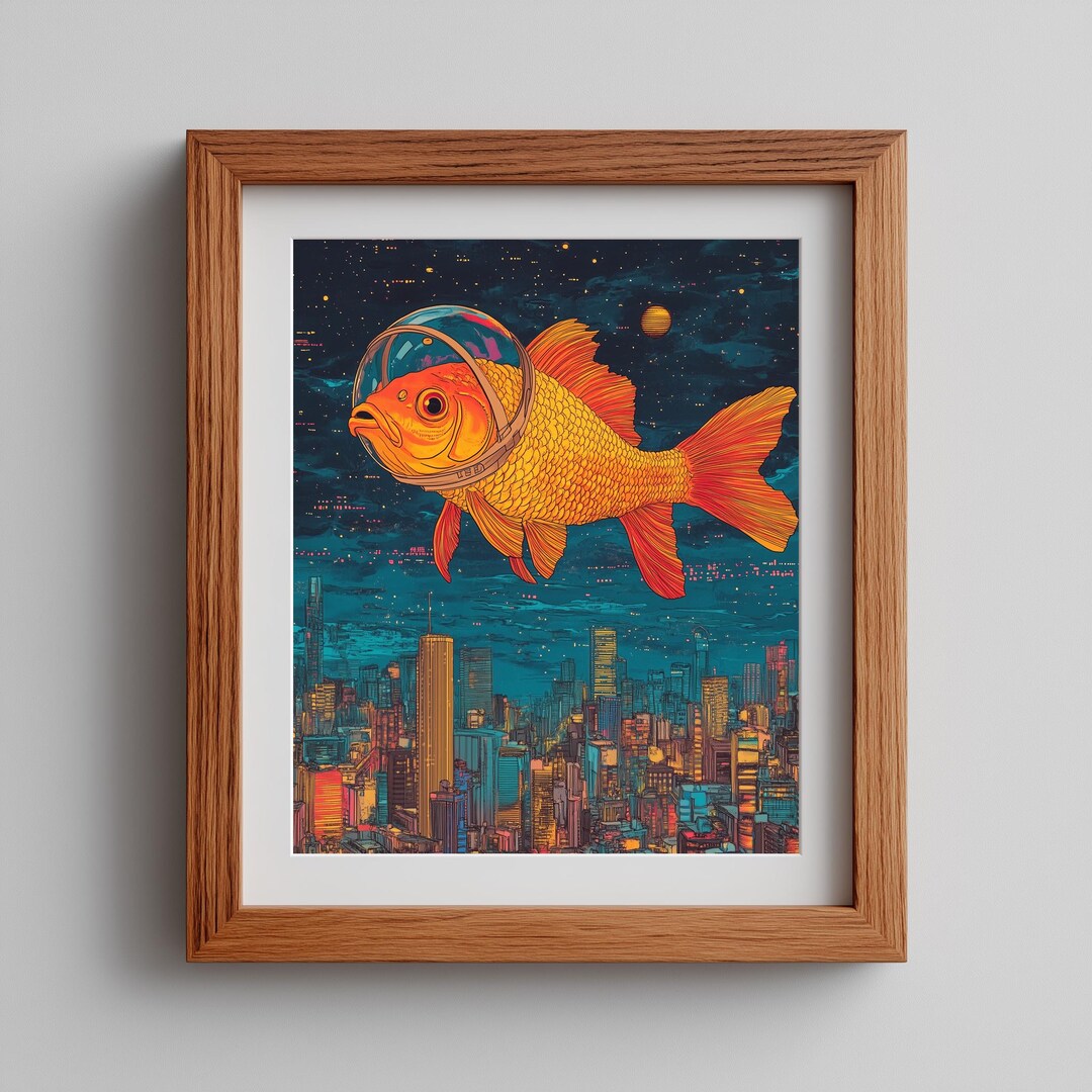 Pop Art Goldfish in Space Helmet Print – Retro-futuristic Surrealism ...