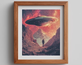 UFO-landschapskunstprint – futuristische sci-fi digitale illustratie (digitale download)
