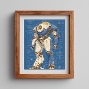 Könnte beinhalten: Ein gerahmter Druck mit einer Illustration eines blau-weißen mechanischen Roboters vor einem technischen Bauplan-Hintergrund. Der Roboter hat einen runden Rumpf, bewegliche Gliedmaßen und gelbe Akzente, präsentiert in einem hellbraunen Holzrahmen.