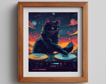 Lámina artística de DJ con gato retro, decoración de ciencia ficción synthwave (descarga digital)