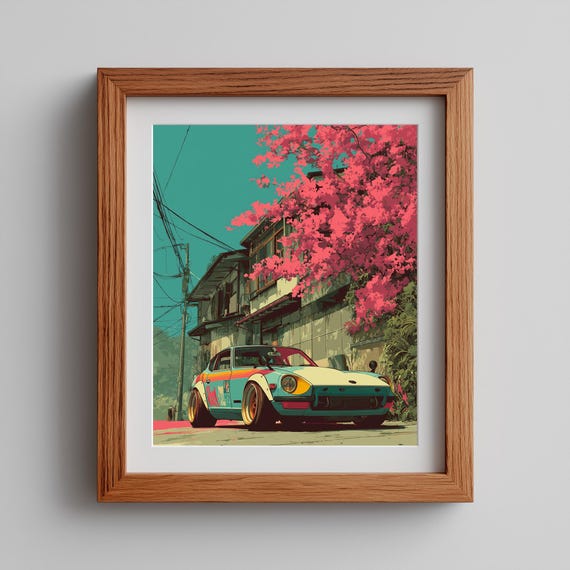 Retro Japanese Sports Car Print – Ukiyo-e Drift Art, Cherry