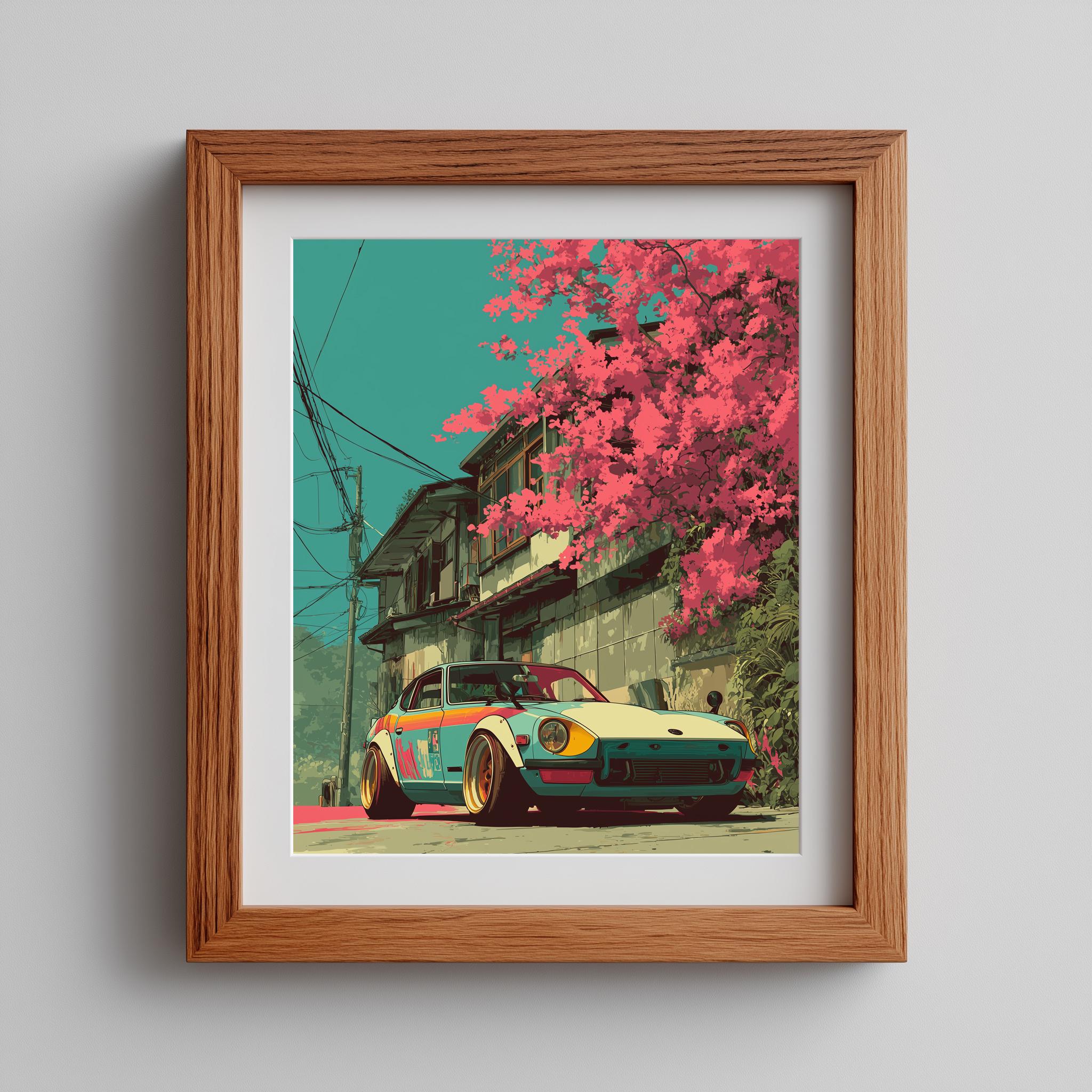 Retro Japanese Sports Car Print – Ukiyo-e Drift Art, Cherry
