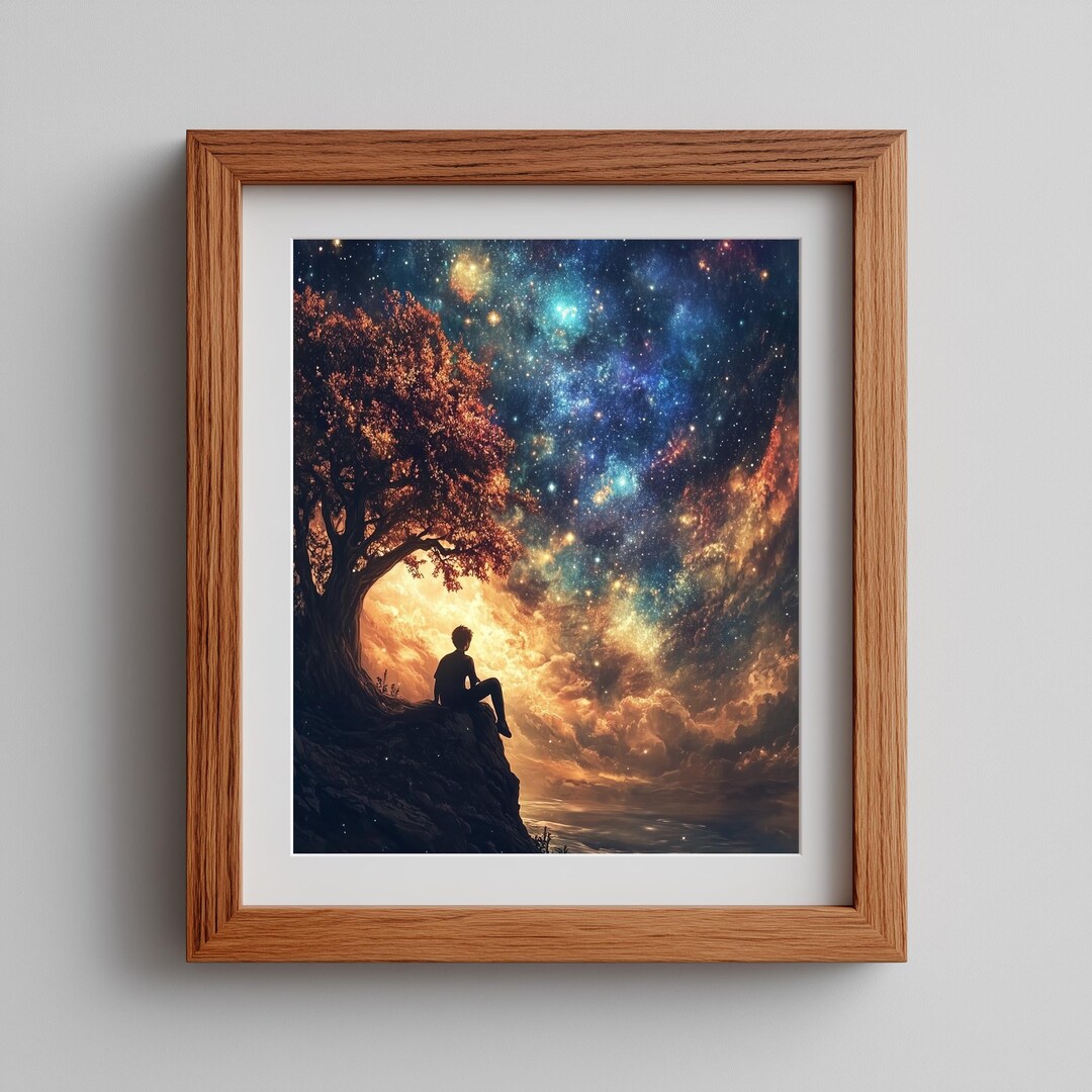 Cosmic Night Sky Art Print – Silhouette Figure, Celestial Decor ...