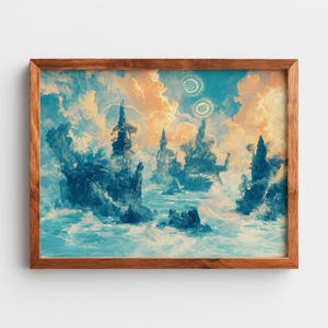 May include: A framed art print depicting a surreal landscape with blue and teal water and rock formations. The sky is filled with orange and yellow clouds and two spiral shapes. The wooden frame adds a natural touch to the artwork.