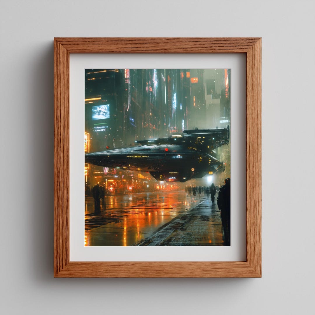 Neon Ai Works Neon Cyberpunk Hovercraft Print – AI Generated Cityscape (digital ...