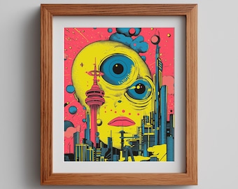 Pop Art Moon Alien Print – Retro Sci-Fi Space City (Digital Download)