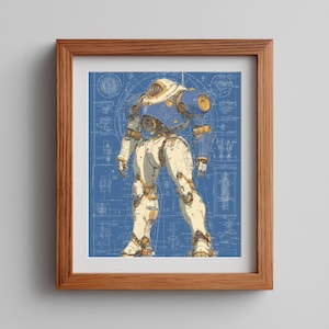Op de afbeelding: Een ingelijste kunstdruk met een illustratie van een blauw en crèmekleurig robotpak tegen een achtergrond van een technische blauwdruk met ingewikkelde lijntekeningen, mechanische schema's en gedetailleerde technische annotaties.