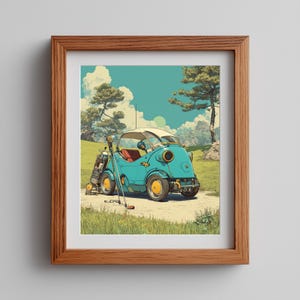 Retro-Futuristic Golf Microcar Print – Teal Bubble-Top, Mid-Century Modern Scene (Digital Download)