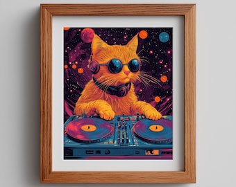 Lámina artística de DJ con gato retro – Ciencia ficción cósmica neón (descarga digital)