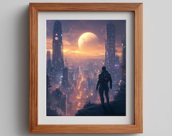 Sci-Fi stadsgezicht Art Print, futuristische neonlichten (digitale download)