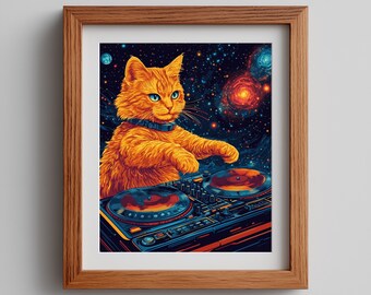 Lámina artística de DJ Cat psicodélico, ilustración de neón cósmico (descarga digital)