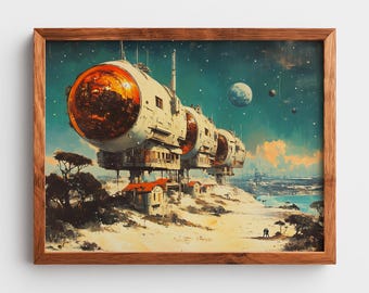 Retro-Futuristic Spaceship Print – Moody Sci-Fi Wall Art (Digital Download)
