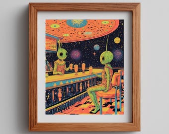 Stampa di un ristorante alieno retrò – Caffè di fantascienza surreale, Pop-Art spaziale (digitale)