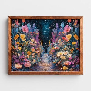 May include: A framed art print featuring a vibrant floral path leading towards a starry night sky. The artwork showcases a variety of colorful flowers in shades of pink, yellow, purple, and white, creating a whimsical and enchanting scene.