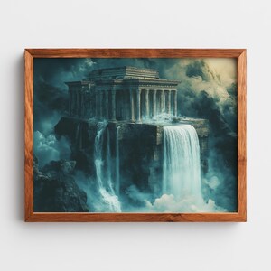以下が含まれることがあります： 額縁に入ったプリントは、滝のある崖の上に柱のある古典的な建物を描いています。このアートワークは、暗く、ムードのあるカラーパレットと木製のフレームを備えた、劇的で幻想的なシーンを特徴としています。