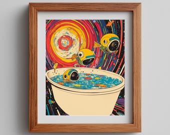 Psychedelische Fische im Weltraum Helme Druck - Retro futuristische Wandkunst (Digitaler Download)
