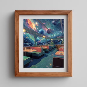 May include: A framed art print depicting a retro diner interior with teal and pink booths, set against a panoramic view of a vibrant nebula, swirling galaxies, and multiple planets visible through large, curved windows in the ceiling and walls.