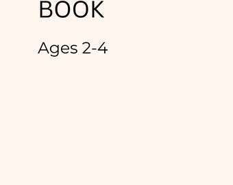 Op de afbeelding: Op een crèmekleurige achtergrond staat in zwarte letters "MONTESSORI TODDLER BUSY BOOK" en daaronder "Ages 2-4". De tekst is gecentreerd en in een duidelijke, schreefloze lettertype, wat duidt op een educatief product voor peuters.