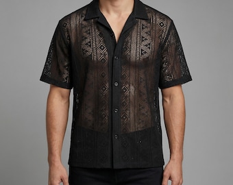 Doorzichtig mesh-shirt heren | Doorzichtige zomertop met knoopsluiting | Casual ademende bovenkleding