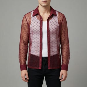 Durchsichtiges Netzhemd für Herren | Langarm schiere Polka Dot Top | Minimal männlich Streetwear