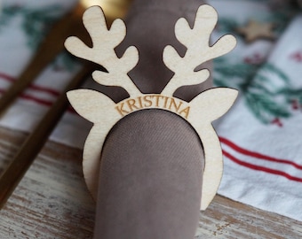 Kerstrendiergewei Servetringenhouders, eettafel, tafeldecor winterbruiloft