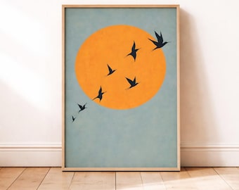 Vintage Sun Birds Art Print, Japandi Scandinavian Decor (Digital Download)