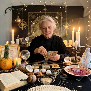 May include: An elderly person in a black robe is holding tarot cards over a table. The table is covered with a black cloth with star and moon designs. Lit candles, a crystal ball, and other mystical items are arranged on the table.