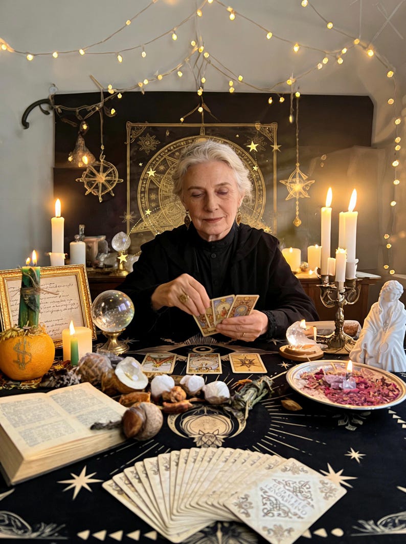 May include: An elderly person in a black robe is holding tarot cards over a table. The table is covered with a black cloth with star and moon designs. Lit candles, a crystal ball, and other mystical items are arranged on the table.
