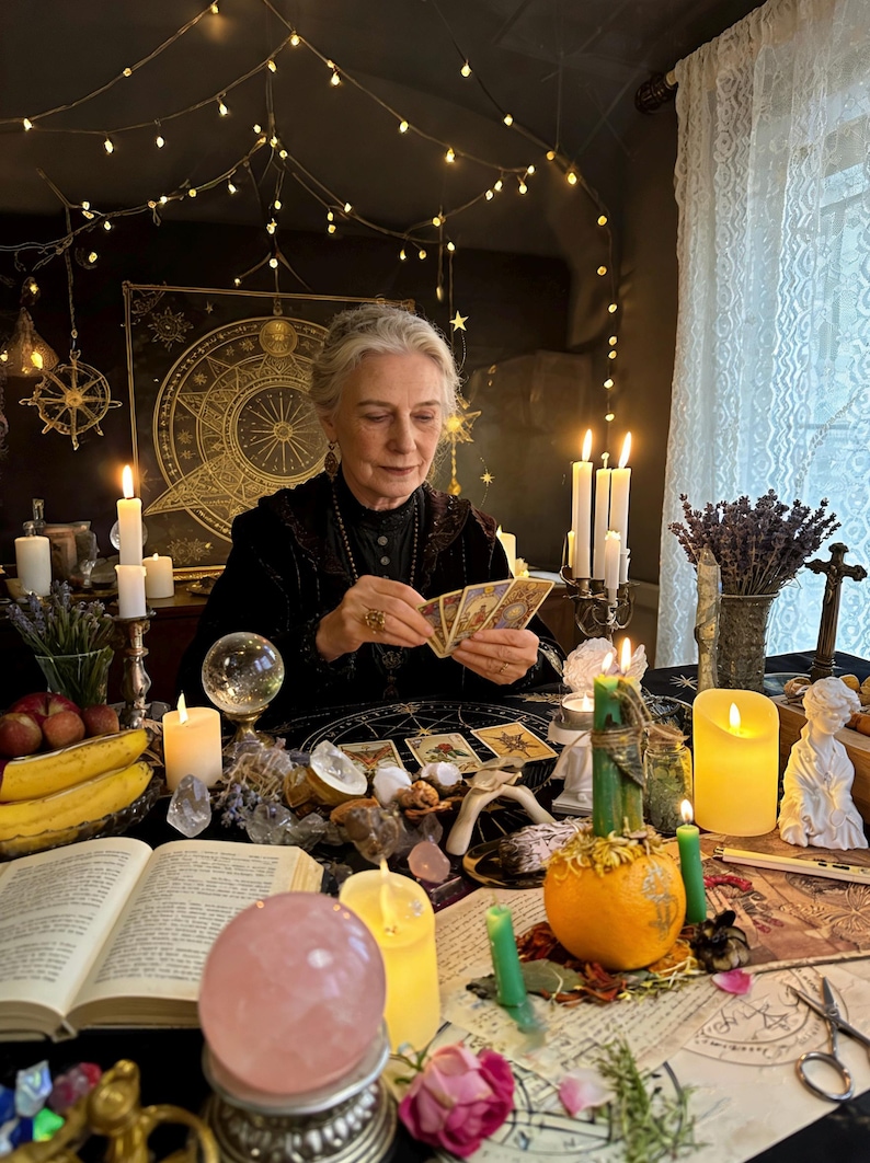 May include: An elderly person is seated at a table, reading tarot cards. The table is adorned with candles, crystals, a crystal ball, and a small pumpkin. The scene is illuminated by soft lighting, creating a mystical atmosphere.