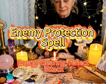 May include: An image featuring a woman with white hair, surrounded by candles, crystals, and tarot cards. The text "Enemy Protection Spell" is prominently displayed, along with "Energy clearing, reflect attack". The image also includes "Same Day" and "Photo Proof".