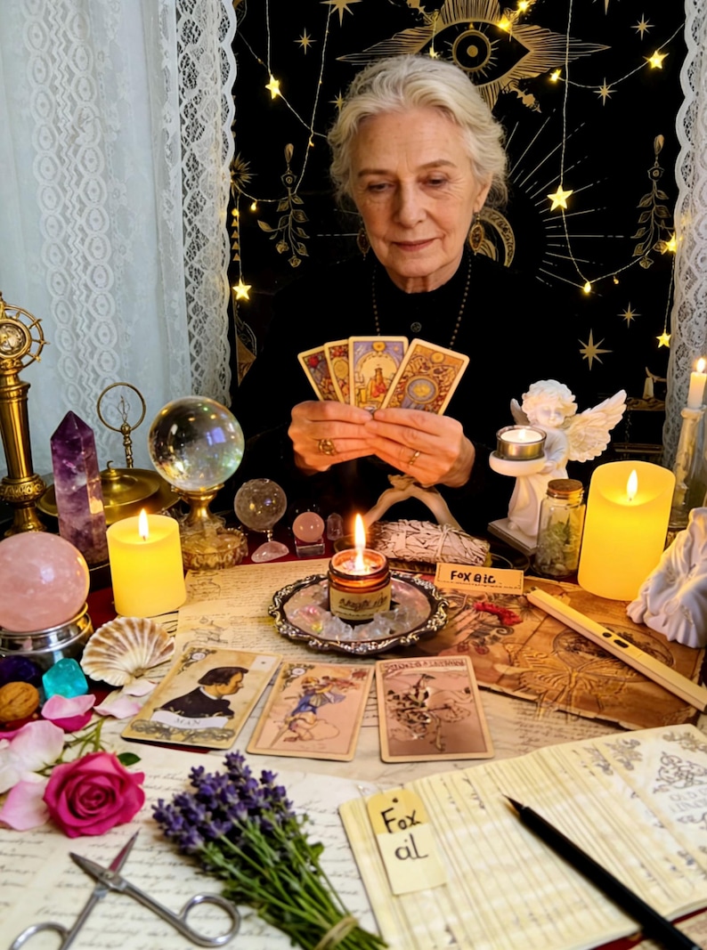 May include: A woman holding tarot cards, surrounded by candles, crystals, and a crystal ball. The scene includes a lit candle in a decorative holder, a rose, and a sprig of lavender. The background features a black cloth with gold stars.