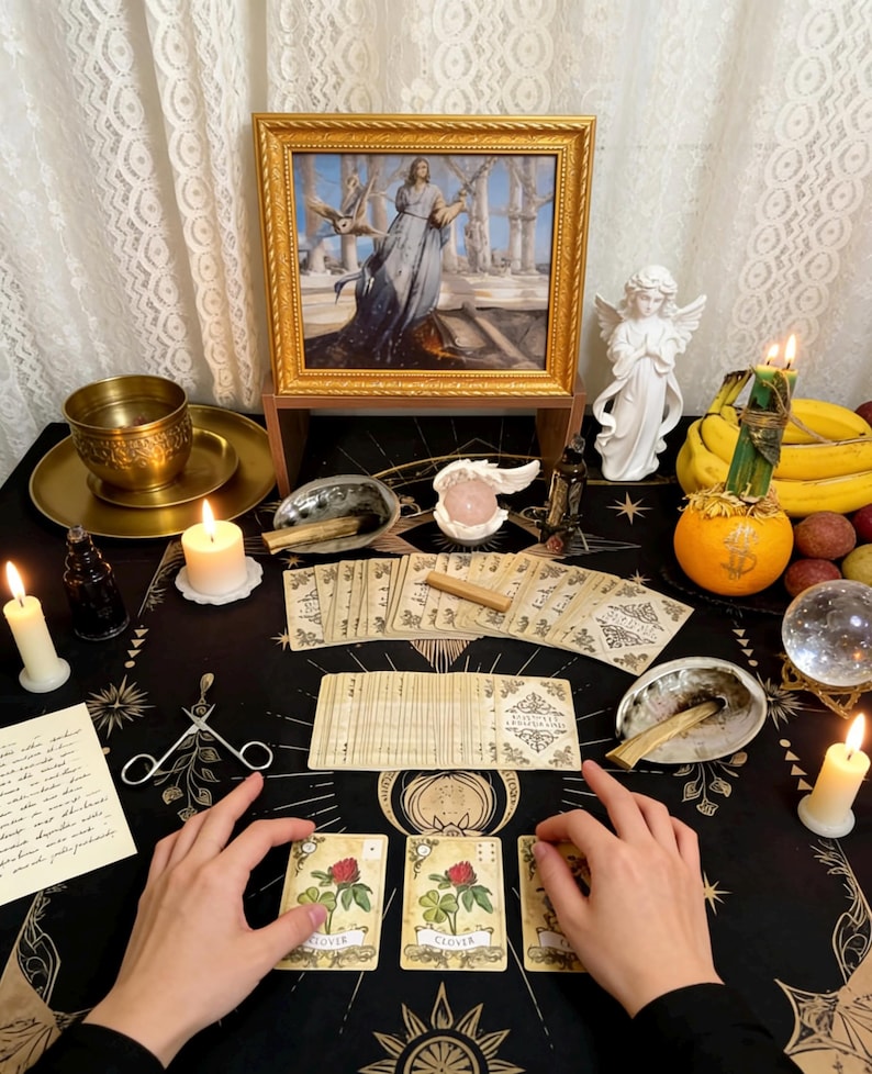 May include: A mystical scene with a black tablecloth adorned with celestial patterns. The table features tarot cards, candles, a framed painting, and a crystal ball. Two hands are holding tarot cards with a clover design.