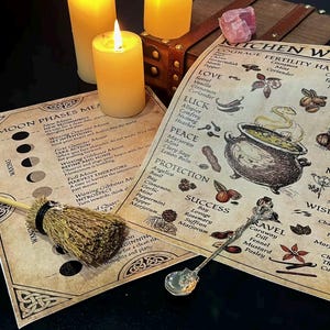 May include: Three lit yellow candles next to a wooden chest and printed papers with text and illustrations. A small broom and a decorative spoon are also present. The papers feature text about moon phases and kitchen witchery.