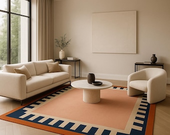 Hand-Tufted Geometric Rug | Peach, Navy, Beige Living room rug Home Decor
