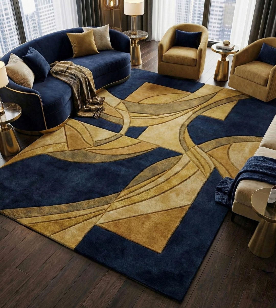 Navy Blue Gold Abstract Rug, Luxury Living Room Carpet, Contemporary ...