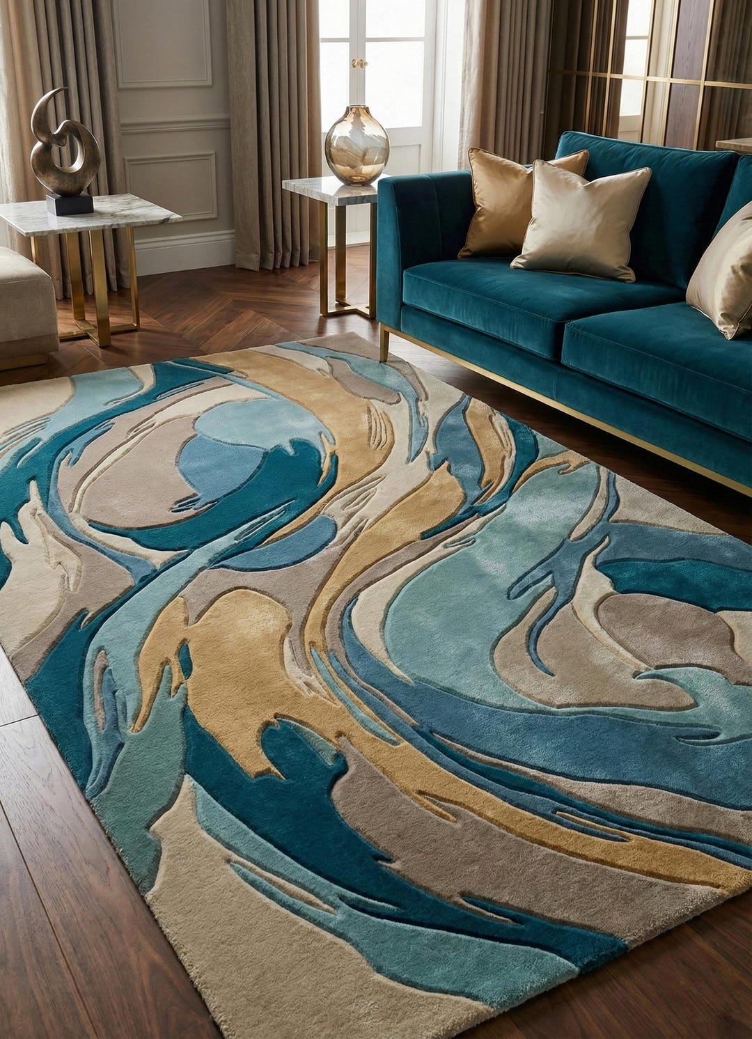 Hand Tufted Abstract Teal & Beige Wool Rug, Modern Sculpted Area Rug ...