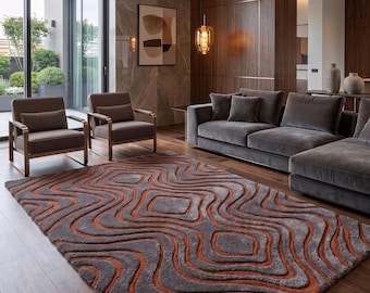 Alfombra moderna abstracta de lana gris y naranja óxido – Alfombra con patrón de contorno tejido a mano para sala de estar