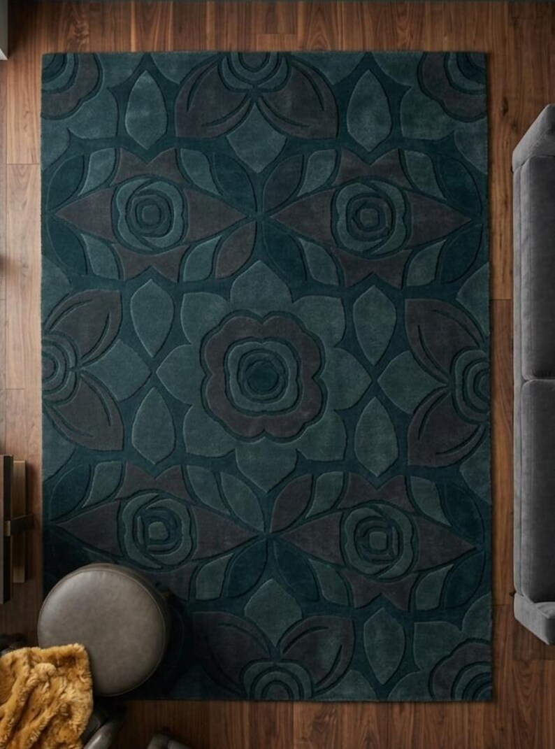 Rug Design Guide Teal Blue Floral Hand Tufted Rug – Modern Carved Rose Design Wool Area ...