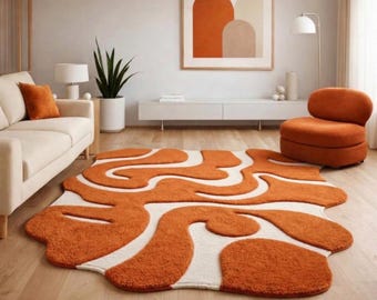 Alfombra moderna de forma irregular / Alfombra de lana contemporánea abstracta hecha a mano / Diseño esculpido en naranja y marfil