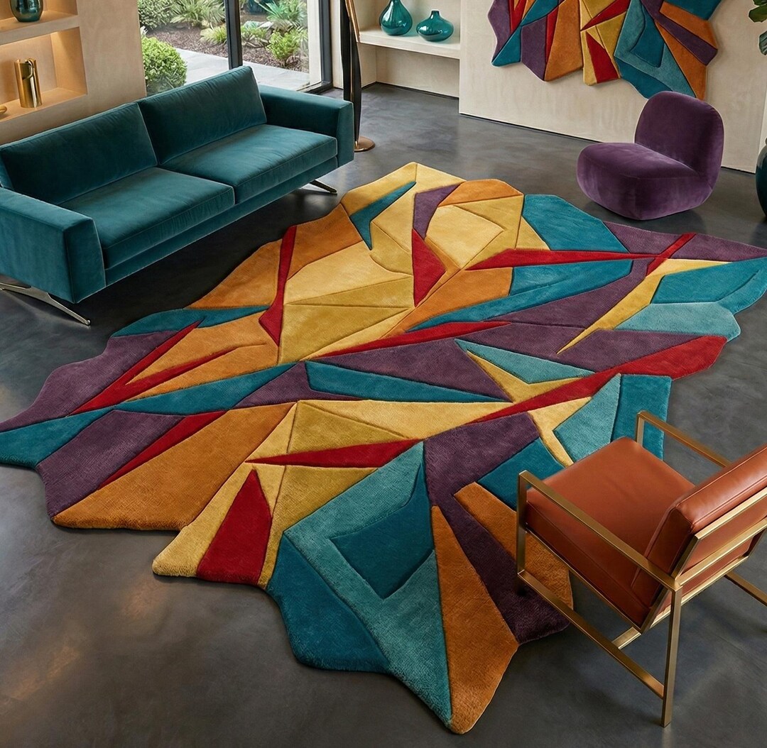 Horizontal Shape Rug Irregular Shaped Hand Tufted Geometric Area Rug, Modern Abstract Wool ...
