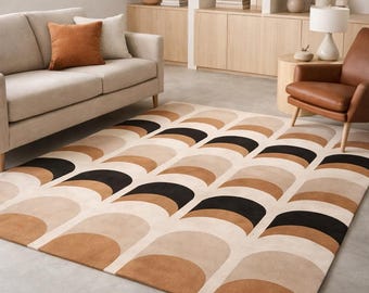 Hand Tufted Mid Century Modern Rug, Geometric Arch Pattern Carpet, Neutral Beige Brown Black Living Room Rug, Modern Home Decor