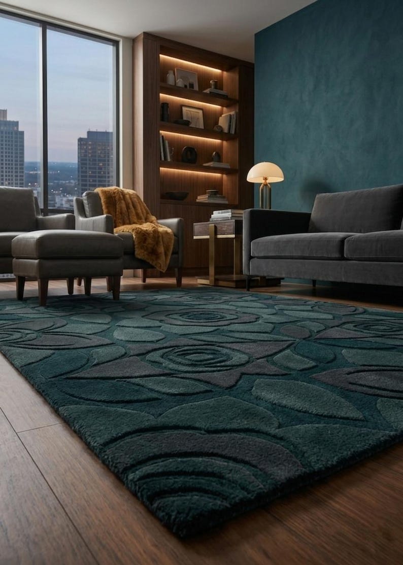 Rug Design Guide Teal Blue Floral Hand Tufted Rug – Modern Carved Rose Design Wool Area ...